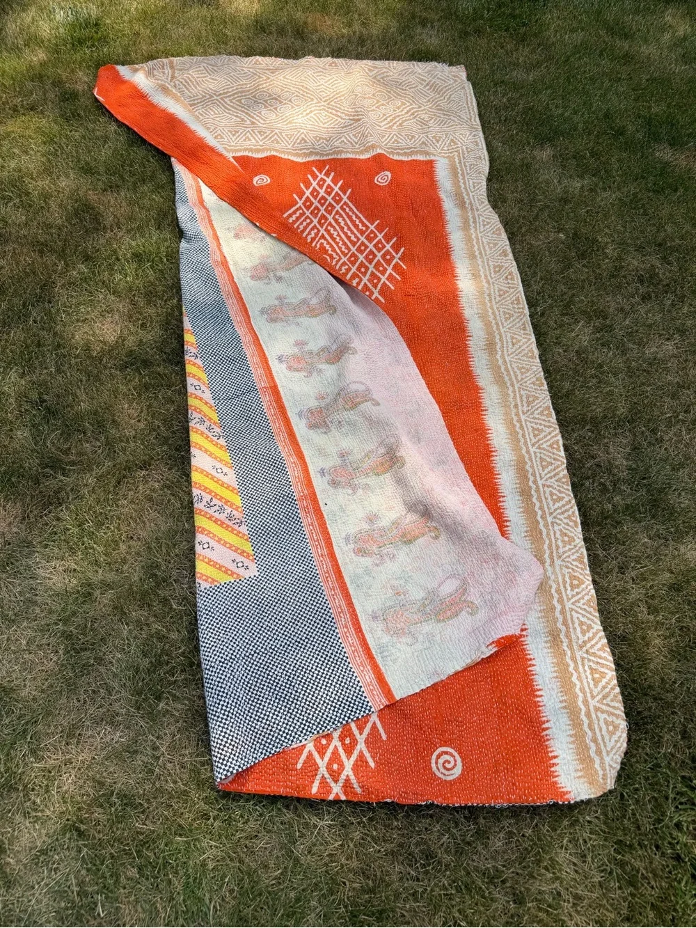 Vintage Handmade Kantha Quilt Reversible Orange Ikat Geometric Throw Blanket